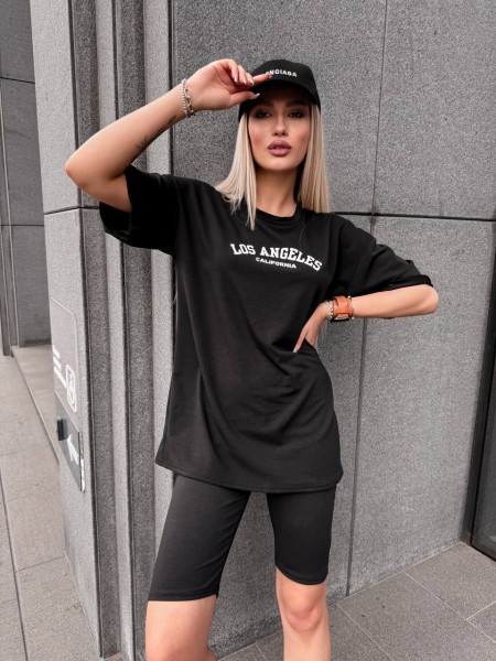 Женский спортивный комплект футболка+велосипедки с надписью черного цвета 32351