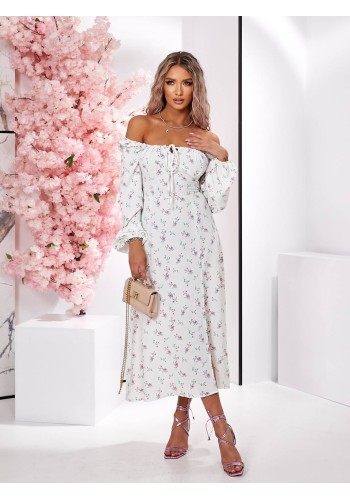 Легка сукня міді з розрізом молочного кольору 32395