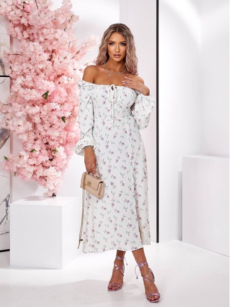 Легка сукня міді з розрізом молочного кольору 32395