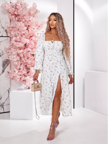 Легка сукня міді з розрізом молочного кольору 32395