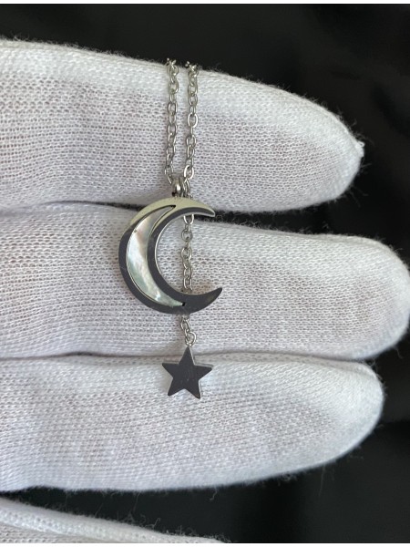 Кулон Місяць та зірка з ланцюжком срібного кольору 32423