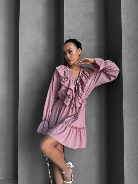 Легкое платье клеш с воланами розового цвета 32437