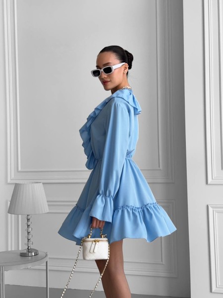 Легкое платье клеш с воланами голубого цвета 32438