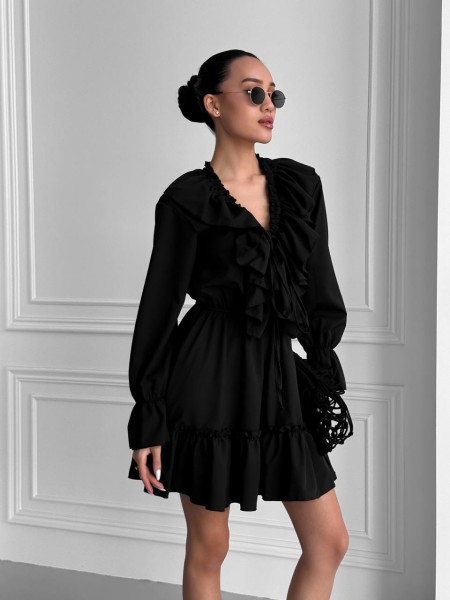 Легкое платье клеш с воланами черного цвета 32440