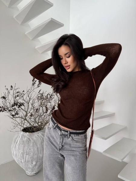 Легка кофта-павутинка з рукавом коричневого кольору 32462