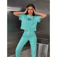 Жіночий спортивний костюм з укороченою футболкою м'ятного кольору 32472