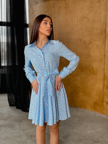 Платье-рубашка клеш с поясом в цветок голубого цвета 32506