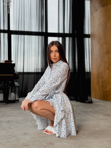 Платье-рубашка клеш с поясом в цветок молочного цвета 32507