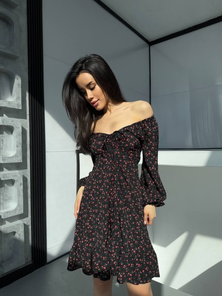 Легка сукня міні на зав'язках у квітку чорного кольору 32539
