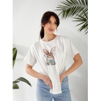 Базова жіноча футболка з малюнком молочного кольору 32547
