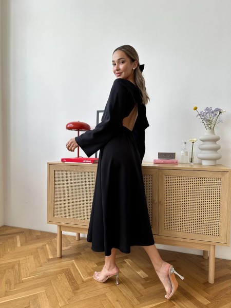Легкое платье миди с открытой спинкой черного цвета 32559