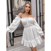 Муслинова сукня міні з рюшами білого кольору 32565