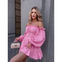 Муслинова сукня міні з рюшами рожевого кольору 32570