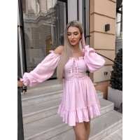 Муслинова сукня міні з рюшами пудрового кольору 32571