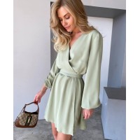 Легка сукня міні з поясом фiсташкового кольору 32575