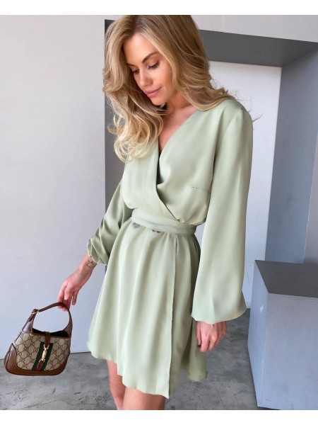 Легкое платье мини с поясом фисташкового цвета 32575