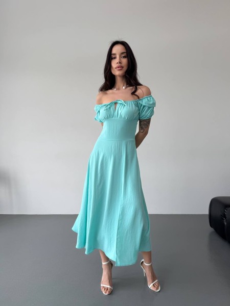 Легкое платье с разрезом бирюзового цвета 32581