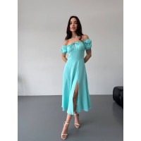 Легкое платье с разрезом бирюзового цвета 32581
