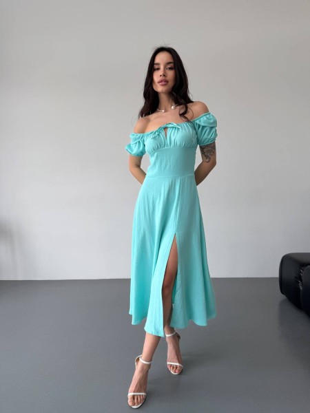 Легкое платье с разрезом бирюзового цвета 32581