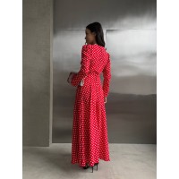 Легка сукня максі на запах у горох червоного кольору 32587