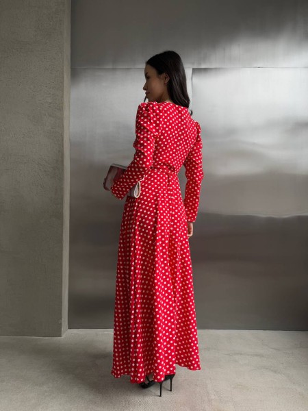 Легка сукня максі на запах у горох червоного кольору 32587