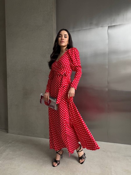 Легка сукня максі на запах у горох червоного кольору 32587