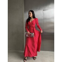 Легка сукня максі на запах у горох червоного кольору 32587
