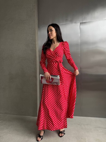 Легка сукня максі на запах у горох червоного кольору 32587