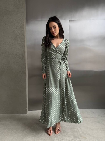Легка сукня максі на запах у горох фiсташкового кольору 32588