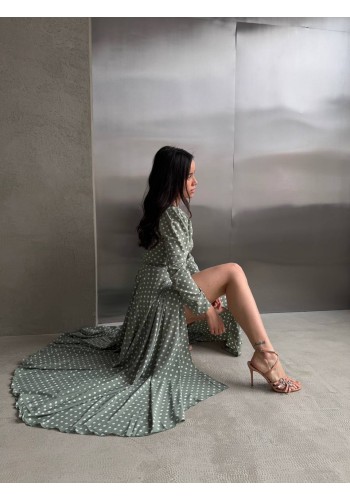 Легка сукня максі на запах у горох фiсташкового кольору 32588