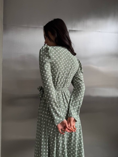 Легка сукня максі на запах у горох фiсташкового кольору 32588