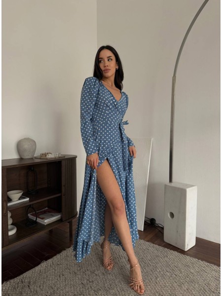 Легка сукня максі на запах у горох блакитного кольору 32589