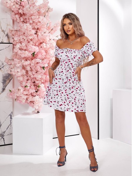 Легка літня сукня міні в малинову квiтку молочного кольору 32617