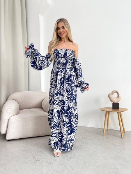 Довга лляна сукня синього кольору 32629