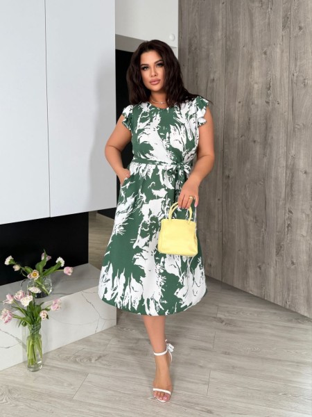 Бавовняна сукня міді з поясом кольору хакі 32633