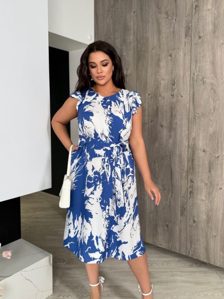 Бавовняна сукня міді з поясом свiтло-синього кольору 32635