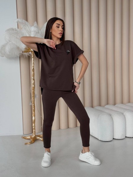 Женский повседневный костюм (футболка+лосины) коричневого цвета 32636