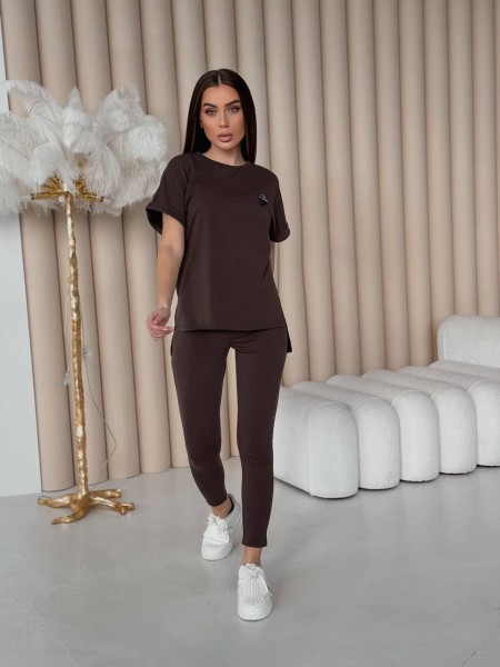 Женский повседневный костюм (футболка+лосины) коричневого цвета 32636