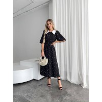 Легка сукня міді на ґудзиках із поясом у горох чорного кольору 32649