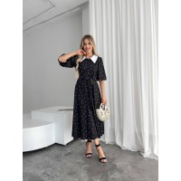 Легка сукня міді на ґудзиках із поясом у горох чорного кольору 32649