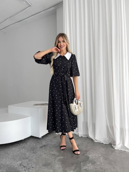 Легка сукня міді на ґудзиках із поясом у горох чорного кольору 32649