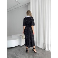 Легка сукня міді на ґудзиках із поясом у горох чорного кольору 32649