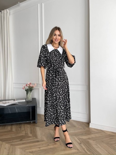 Легкое платье миди на пуговицах с поясом черного цвета 32650