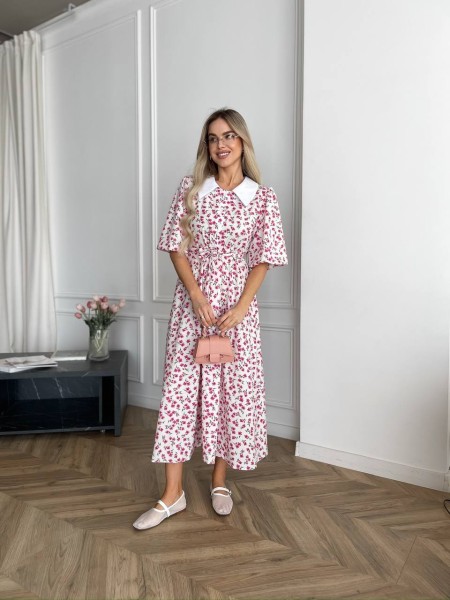 Легкое платье миди на пуговицах с поясом молочного цвета 32651