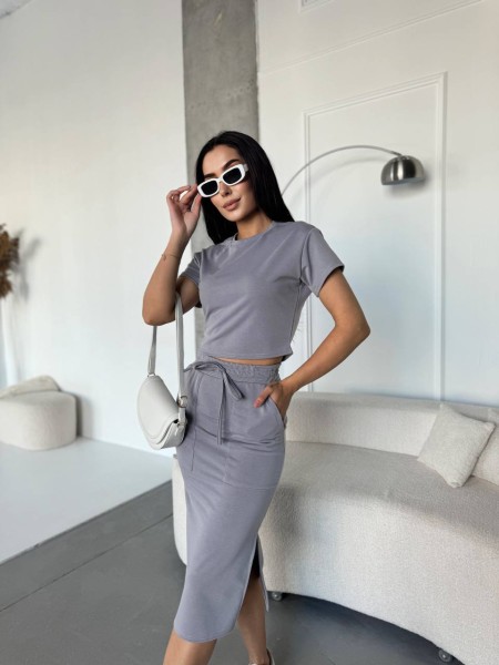 Жіночий повсякденний костюм (футболка+спiдниця) сiрого кольору 32677