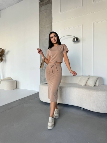 Жіночий повсякденний костюм (футболка+спiдниця) кавового кольору 32678