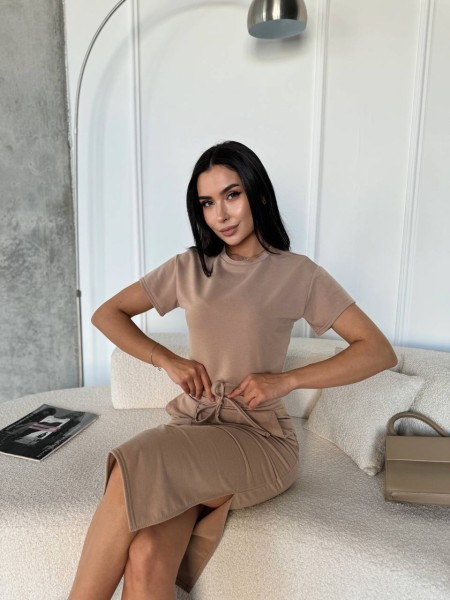 Жіночий повсякденний костюм (футболка+спiдниця) кавового кольору 32678