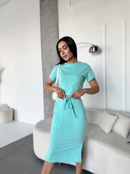 Жіночий повсякденний костюм (футболка+спiдниця) м'ятного кольору 32679