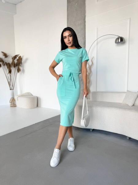 Жіночий повсякденний костюм (футболка+спiдниця) м'ятного кольору 32679