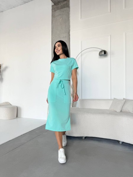 Жіночий повсякденний костюм (футболка+спiдниця) м'ятного кольору 32679